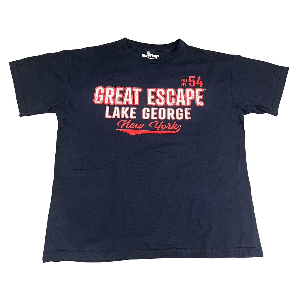 Six Flags Great Escape Lake George New York T-Shirt Mens Medium Navy Blue Cotton